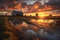 dramatic sunset over flood-affected farmland