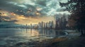Dramatic sunset over a lake with skyscrapers in the background, Generative AI illustrations Royalty Free Stock Photo