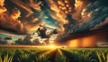 Dramatic Sunset Over Lush Green Farm Fields with Stormy Rain Clouds AI-GENERATED Royalty Free Stock Photo