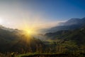 Dramatic sunset over mountain landscape. Beautiful landscape foggy hills twilight time. Blue golden sky sunrise dramatic beautiful Royalty Free Stock Photo