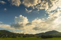 Dramatic sunset over mountain landscape. Beautiful landscape foggy hills twilight time. Blue golden sky sunrise dramatic beautiful Royalty Free Stock Photo