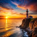 Dramatic sunset over ocean with lighthouse Royalty Free Stock Photo
