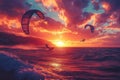 Dramatic sunset over an ocean scene with kiteboarding action Royalty Free Stock Photo