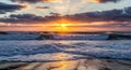 Dramatic Sunset Over Ocean Waves with Sun Rays Breaking Through Clouds water Royalty Free Stock Photo