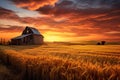 Dramatic Sunset over an old barn in a wheat field, AI Generated Royalty Free Stock Photo