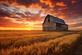 Dramatic sunset over an old barn in a wheat field, AI Generated Royalty Free Stock Photo