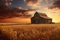 Dramatic sunset over an old barn in a wheat field, An old rustic barn in wheat field under setting sun, AI Generated Royalty Free Stock Photo