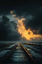 Dramatic Sunset Over Railroad Tracks - A Journey Through Time and Clouds Royalty Free Stock Photo