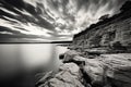 Dramatic sunset over the rocky shore of the lake. Black and white photo, Embrace the art of elegant lettering in the enchanting Royalty Free Stock Photo