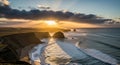 Dramatic Sunset Over Rugged Coastal Cliffs and Ocean Waves with Sun Rays Royalty Free Stock Photo
