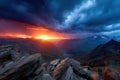 Dramatic Sunset Over Rugged Mountain Peaks and Valley Lake Royalty Free Stock Photo