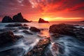 Dramatic sunset over the sea. Beautiful seascape. Beautiful seascape at sunset. Long exposure shot with long exposure, AI Royalty Free Stock Photo