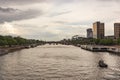 Dramatic sunset over Seine in Paris, France. Colourful travel background. Romantic cityscape