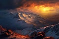 dramatic sunset over snow-covered mountains Royalty Free Stock Photo