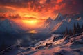 dramatic sunset over snow-covered mountains Royalty Free Stock Photo