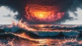Dramatic Sunset Over Tumultuous Ocean Waves Creating Fiery Reflection and Splashes of Water Under Dark Cloudy Sky in a Royalty Free Stock Photo