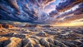 Dramatic sunset over undulating desert landscape with striking cloud formations. Generative AI Royalty Free Stock Photo