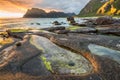 Dramatic sunset over Utakleiv beach on Lofoten islands, Norway