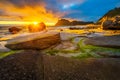 Dramatic sunset over Uttakleiv beach on Lofoten islands, Norway