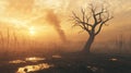 Dramatic Sunset Over a Visibly Burned Landscape with Dead Trees Royalty Free Stock Photo
