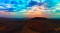 dramatic sunset over the volcano near Lajares Fuerteventura Royalty Free Stock Photo
