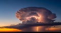 Massive Cumulonimbus Cloud with Vivid Lightning Strike at Sunset thunderstorm storm Royalty Free Stock Photo