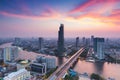 Dramatic after sunset sky, aerial view Bangkok city river curved Royalty Free Stock Photo