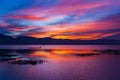 Dramatic sunset sky over the lake and mountains Royalty Free Stock Photo