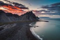 Dramatic sunset sky over Vestrahorn mountain and black sand beach in Stokksnes peninsula at Iceland Royalty Free Stock Photo