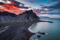 Dramatic sunset sky over Vestrahorn mountain and black sand beach in Stokksnes peninsula at Iceland Royalty Free Stock Photo