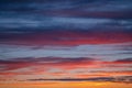 Dramatic sunset sky panorama with burning colourful clouds background. Idyllic cloudscape backdrop at dawn. Majestic cloud scenery