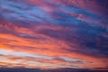 Dramatic sunset sky panorama with burning colourful clouds background. Idyllic cloudscape backdrop at dawn. Majestic cloud scenery Royalty Free Stock Photo