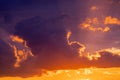 Dramatic sunset sky panorama with burning colourful clouds background. Idyllic cloudscape backdrop at dawn. Majestic cloud scenery