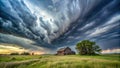 Dramatic sunset storm clouds over rural house and meadow. Generative AI Royalty Free Stock Photo