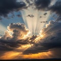 Dramatic sunset with sunbeams streaming through breaks in thick, dark clouds, Royalty Free Stock Photo
