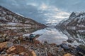 Dramatic sunset under blue hour over fjord in Lofoten islands, Norway