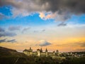Dramatic sunset view on the castle in Kamianets-Podilskyi in spring. Royalty Free Stock Photo