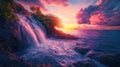 Breathtaking Waterfall at Sunset Over the Ocean Royalty Free Stock Photo