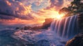 Dramatic Sunset Waterfall Over Ocean Waves on Rocky Coastline Royalty Free Stock Photo