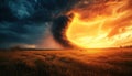 Dramatic Sunstorm Unleashes Powerful Tornado In Countryside With Sheet Lightning Royalty Free Stock Photo