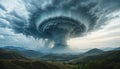 A dramatic supercell thunderstorm looms over a lush green valley with rolling hills and distant mountains Royalty Free Stock Photo