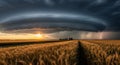 Dramatic Supercell Thunderstorm Over Wheat Field With Lightning Strike at Sunset Royalty Free Stock Photo