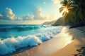 Dramatic surf rolling onto sandy beach, palm trees silhouette , high resolution, coast Royalty Free Stock Photo
