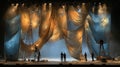 Dramatic Theater Stage Setup with Drapery and Silhouetted Figures Royalty Free Stock Photo