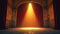 Dramatic theater stage with spotlight. Red curtain backdrop illuminated. Empty performance space symbolizes drama. Image suited Royalty Free Stock Photo