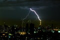 Dramatic thunder storm lightning bolt on the horizontal sky and city scape