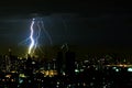 Dramatic thunder storm lightning bolt on the horizontal sky and city scape