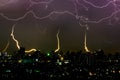 Dramatic thunder storm lightning bolt on the horizontal sky and city scape