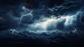 Dramatic thunderous stormy sky. Lightning strikes in cinematic landscape background. Electrical surge and wind.