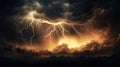 Dramatic thunderous stormy sky. Lightning strikes in cinematic landscape background. Electrical surge and wind.